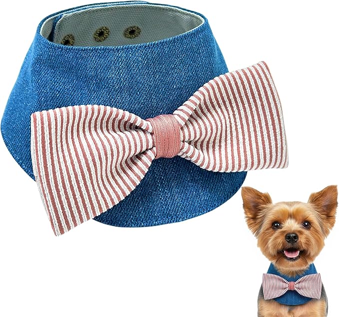 Denim Dog Bandana – Striped Bowtie, Soft & Durable Pet Scarf with Adjustable Metal Snap Buttons for Dogs & Cats (Red, Medium)