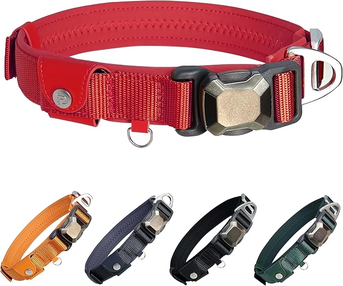 Upgraded Airtag Dog Collar, Adjustable Dog Collar with 450LB Escape-Proof Magnetic Buckle, Soft Anti-Wrinkle, Bite & Stain-Resistant Leather (Crimson Blaze, XL)