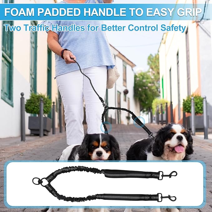 Double Dog Leash, Hands-Free Dual with Comfortable Padded Handle, Double for Two Dogs, Adjustable Length, Black, 1 Set