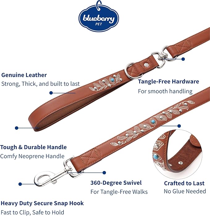 Blueberry Pet Western Cowboy Premium Brown Leather Dog Leash with Decorative Floral Design