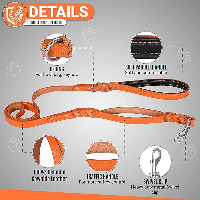 Riparo Leather Dog Leash 6ft with 2 Handles Padded Traffic Handle for Extra Control, Leather Dog Leashes for Large Breed Dogs Training Walking Heavy Duty Leashes for Dogs (Orange, L: 3/4" x6ft)