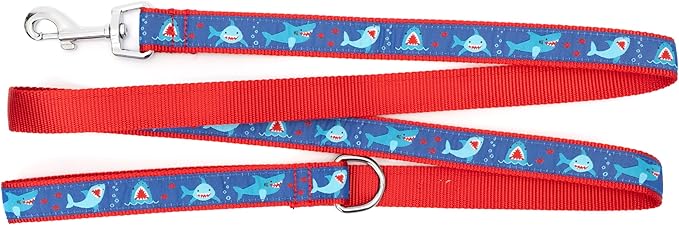 THE WORTHY DOG 5 FT Nylon Dog Leash for Small to Medium Dogs, Metal Quick Clip, Chomp Shark Pattern, Blue, Small