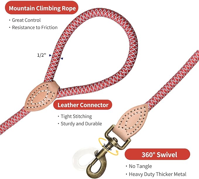 Mile High Life Reflective Dog Leash - Heavy Duty Nylon Rope Leash for Small to Large Dogs, Climbing Rope Design with Leather Tip (Red, 48 Inch)