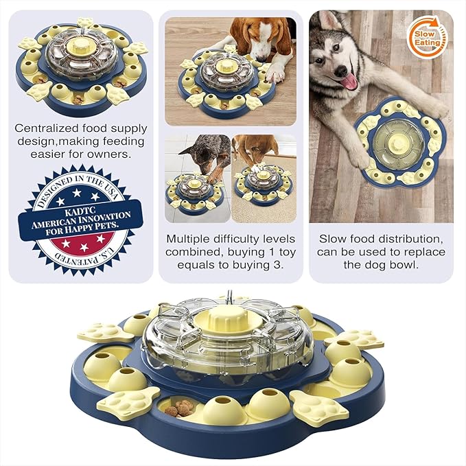 Level 3 in 1 Spinning Dog Puzzle Toy, Interactive Treat Dispenser & Slow Feeder for Brain Stimulation Game & Boredom Buster, Ideal for Small, Medium & Large Dogs