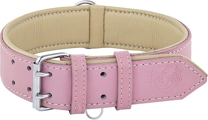 Riparo Genuine Leather Pink Dog Collar Heavy Duty K-9 Adjustable Dog Collar (M: 1” Wide for 13.5”-17.5” Neck, Pink)