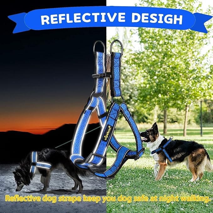 Dog Harness, No Pull, Reflective, Adjustable, Stops Pets from Pulling and Choking, Medium/Large, Blue, XL