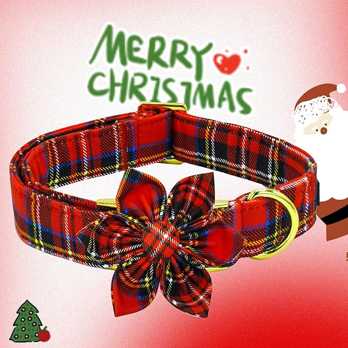 Elegant little tail Christmas Dog Collar, Winter Christmas Plaid Pet Collars Flower Red Metal Buckle Collar Puppy Girl Boy Holiday Cotton Soft Flower Adjustable Dog Collar for Medium Dogs