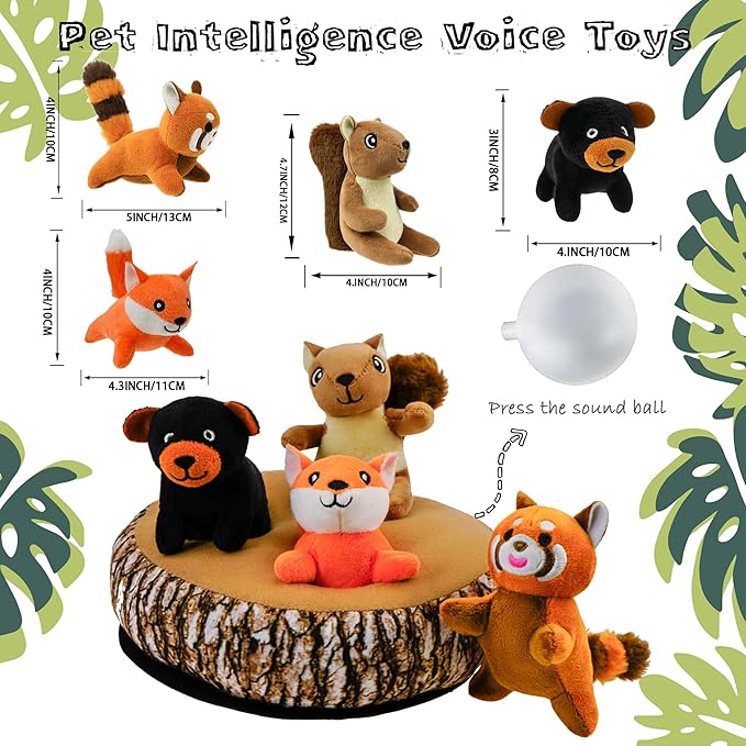 Dog Hide and Seek Toys Puppy Chew Squeaky Toys Plush Mushroom&Bamboo&Shell Hideout Stuffing with Squeakers Animals (Trunk Hideout with 4 Animals)