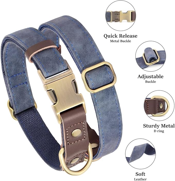 Didog Soft PU Leather Dog Collar for Large Dogs,Classic Adjustable Dog Collars with Quick Release Metal Buckle,Easy Clean and Comfortable with Nylon Lining,Blue,L Neck 16-23"