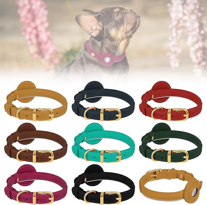 OOPSDOGGY Rolled Leather Dog Collar with Airtag Holder (Teal, L, 14"-18")