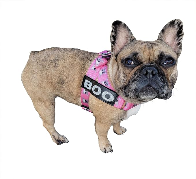 BULLHUG Adjustable Dog Harness– No Pull, No Choke – for English Bulldogs, French Bulldogs, Pugs & Broad-Chested Breeds – Easy, Safe Walks (Pink Skull, Medium)