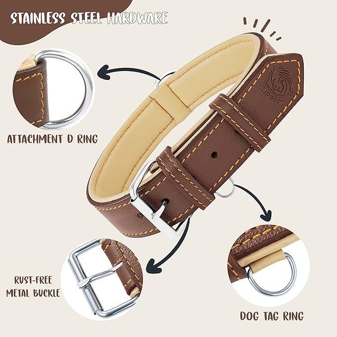 Riparo Dog Collars for Medium Dogs, Genuine Leather Dog Collar, Medium Dog Collar (M: 1" Wide for 13.5”-17.5” Neck, Brown)