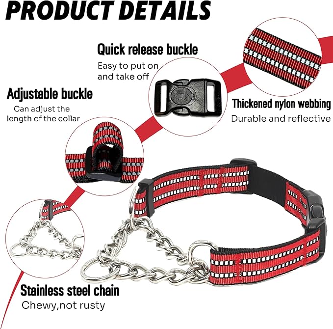 Martingale Dog Collars, Reflective Nylon Collar with Stainless Steel Chain, Adjustable Walking Training Dog Collars with Quick Release Buckle, Suitable for Small Medium Large Dogs(Red,L)