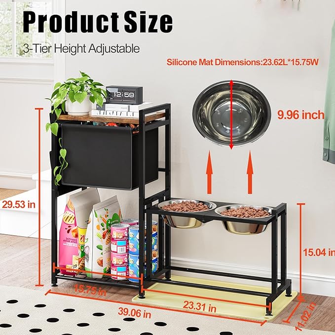 Elevated Dog Bowl Stand with Toy Basket Adjustable Metal Feeding Station Cabinet with Non-Slip Silicone Mat Pet Storage Organizer for Large Medium Small Dogs and Cats Black Include 2 Dog Bowl