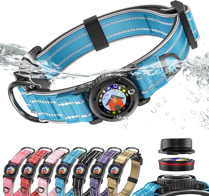 Upgrade Airtag Dog Collar,with IPX8 Waterproof AirTag Holder | Reflective Ultra-Durable | Soft Padded | Lock Buckle | Heavy Duty | Fit Small Medium Large Dogs（Blue，S(12"～15")）
