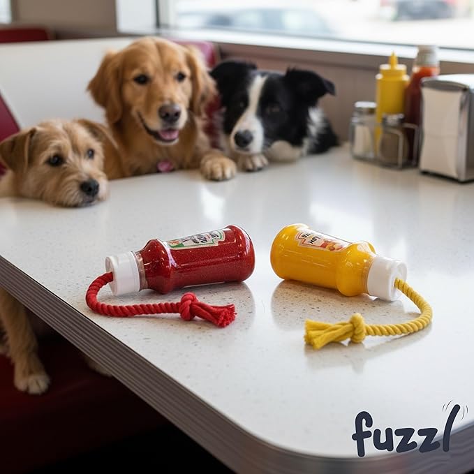 Fuzzl TPR Ketchup Bottle Rubber Dog Toy with Rope – Durable Chew & Tug Toy for Small, Medium & Large Dogs – Tough – Interactive Fetch, Tug-of-War & Dental Health Play