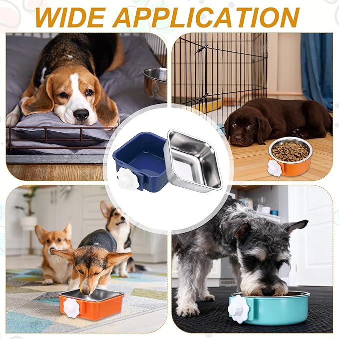 Crate Dog Bowl, Removable Stainless Steel Pet Cage Hanging Anti-Overturn Food Water Feeder Cage Cup (2Pcs, Square, Dark Blue/Orange, 11.1oz), Intended for Puppies/Cat/Rabbit/Bird