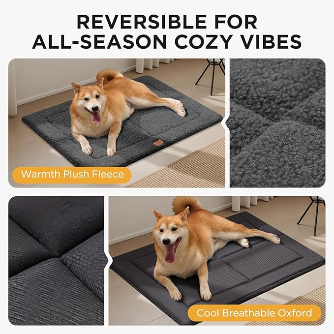Joydeco Low Profile Dog Crate Mat Reversible Bed Pad, Washable Dog Pad Mat with Ultra Soft Fleece, Compact Design Kennel Beds Mats for Medium Small Pets, 29" x 21" Dark Gray