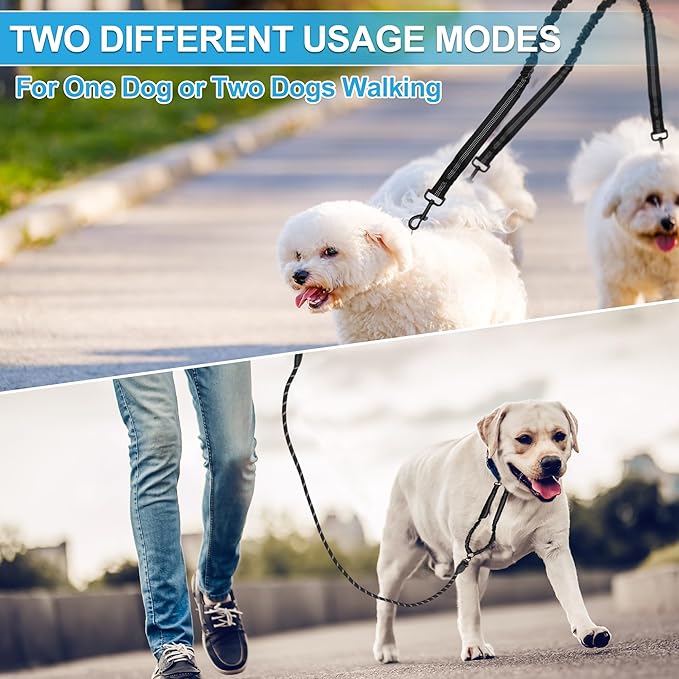 Double Dog Leash, Hands-Free Dual with Comfortable Padded Handle, Double for Two Dogs, Adjustable Length, Black, 1 Set