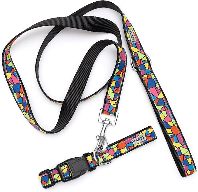 THE WORTHY DOG Collar for Large Dogs, Adjusts 15-21 inches, Durable Nylon Webbing, Quick Release Buckle, Stained Glass Pattern, Multicolored, Large