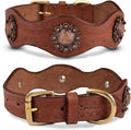 Leather Collar with Scalloped Edges for Medium Dogs | Genuine, Hand Tooled, Hand Carved, Full Grain, Heavy Duty, Comfortable (Medium (Fit Neck Size 14.5"-18.5"), Brown-Scalloped Edges)