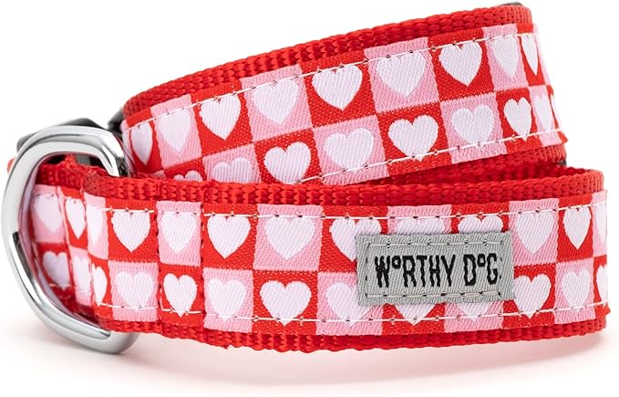 THE WORTHY DOG Adjustable Holiday Dog Collar for Large Dogs, Durable Nylon Webbing, Quick Release Buckle, Colorblock Hearts Valentine's Day Pattern, Pink & Red, Large