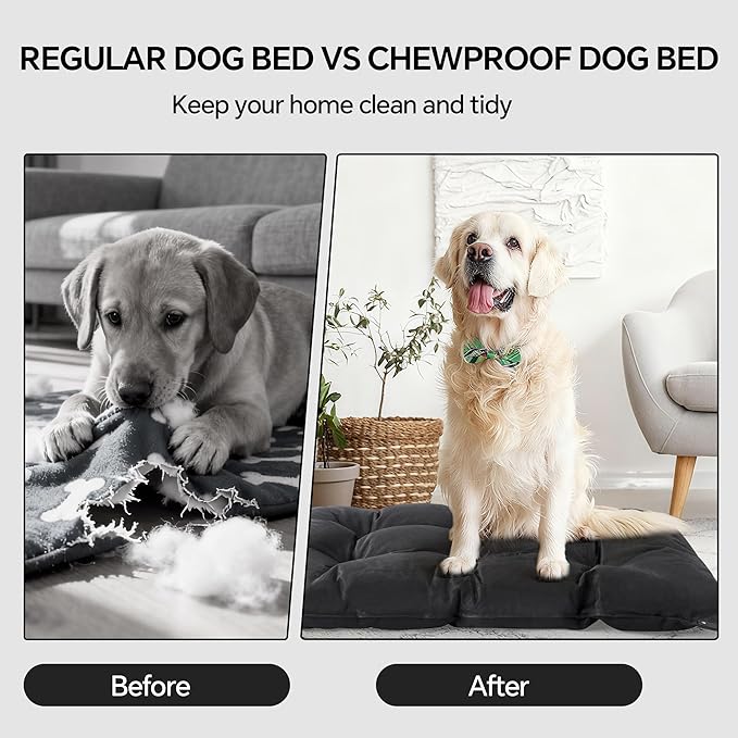 HOMBYS Chew Proof Indestructible Dog Bed with Reinforced Metal Rivets for Aggressive Chewers, 35"x22" Durable Pet Crate Mat, Washable Tough Kennel Pad for Medium/Large Dogs, Black