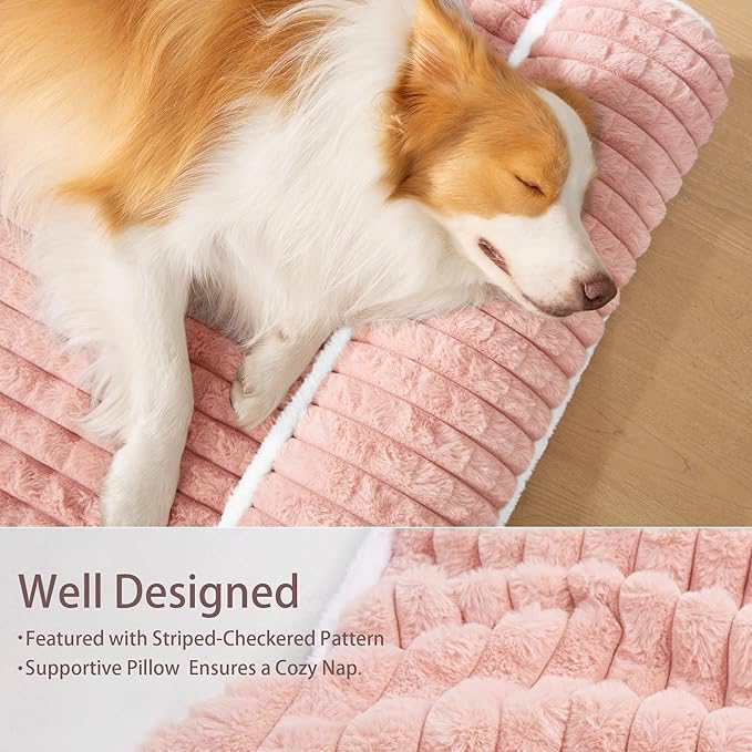 Orthopedic XL Dog Bed Large Sized Dog with Pillow 48''X30'', Waterproof Soft Comfortable Egg Crate Foam Pet Crate Beds Mat with Removable Washable Cover and Non-Slip Bottom, Pink