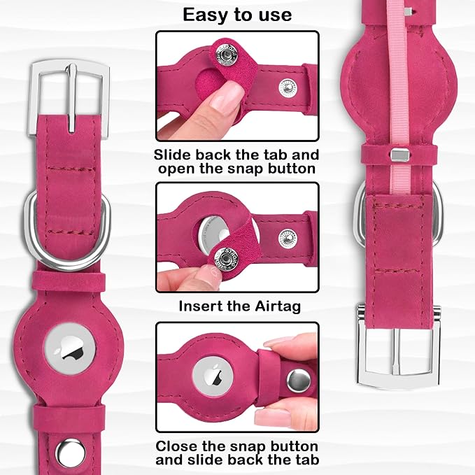 Leather Dog Collar with Airtag Holder - Apple Air Tag Dog Collars - Soft Tracking GPS Pet Collar for Small Medium Large Dogs Breed Puppy (Pink, S, 9"-12" Neck Fit)