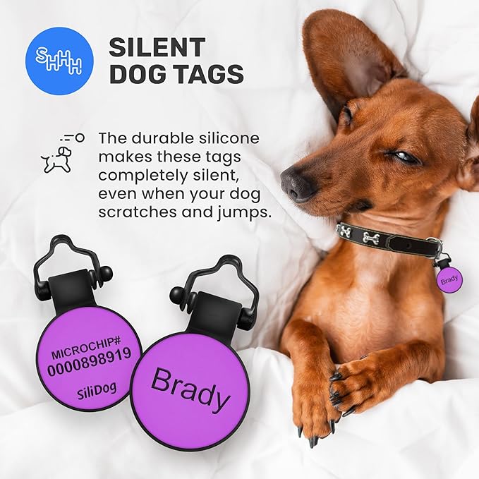 SiliDog - The Original Silicone Silent Dog Tag - Personalized Engraved Soundless Pet ID - As Seen On Shark Tank - Durable - Never Fades - Mini-Circle - Purple