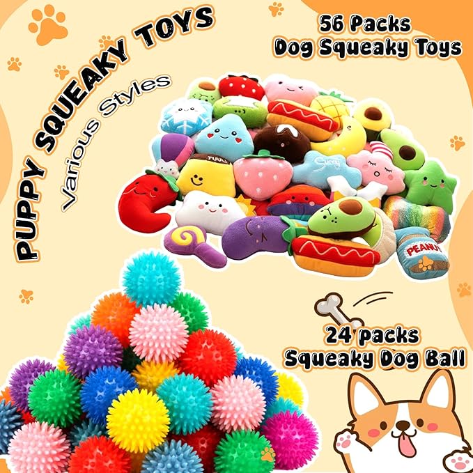 Hungdao 80 Pcs Dog Toys Bulk Squeaky Dog Gifts for Medium Small Puppy Stuffed Plush Chew Ball Toys Small Pet with Squeakers for Puppies Teething(Fashion Style)