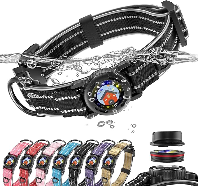 Upgrade Airtag Dog Collar,with IPX8 Waterproof AirTag Holder | Reflective Ultra-Durable | Soft Padded | Lock Buckle | Heavy Duty | Fit Small Medium Large Dogs（Black，XL(19"～27")）
