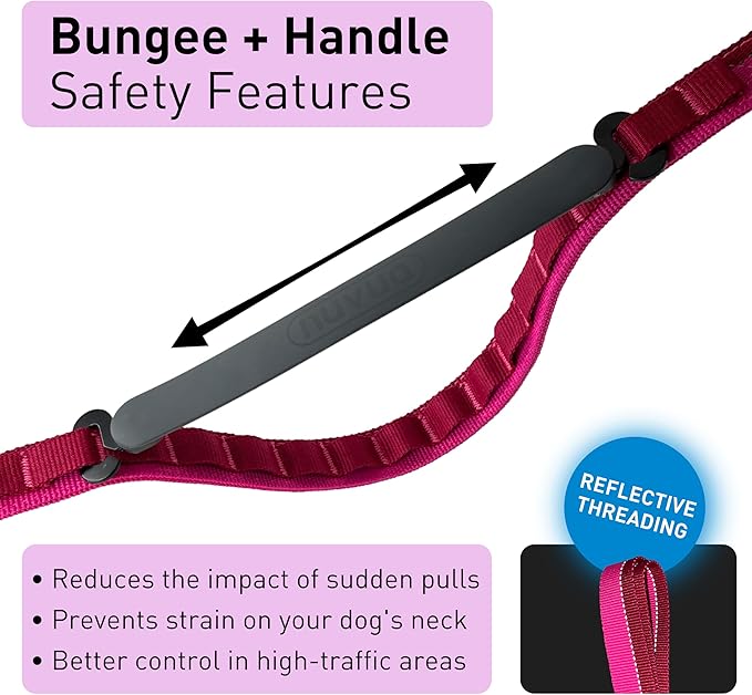 Cross Body Dog Leash - Waist or Shoulder Leash for Walking and Hiking with Medium and Large Dogs, Adjustable 4 to 6 FT Outdoor Bungee Lead with Traffic Handle by Nuvuq (18-120 lbs, Pink)