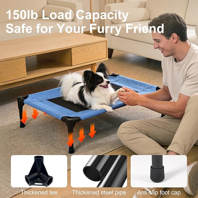 Elevated Outdoor Dog Bed, Raised Pet Cot for Medium and Large Dogs, Cooling Breathable Mesh, Durable Sturdy Frame, Washable Cover, Portable and Easy to Assemble Indoor/Outdoor Pet Bed, Blue, S