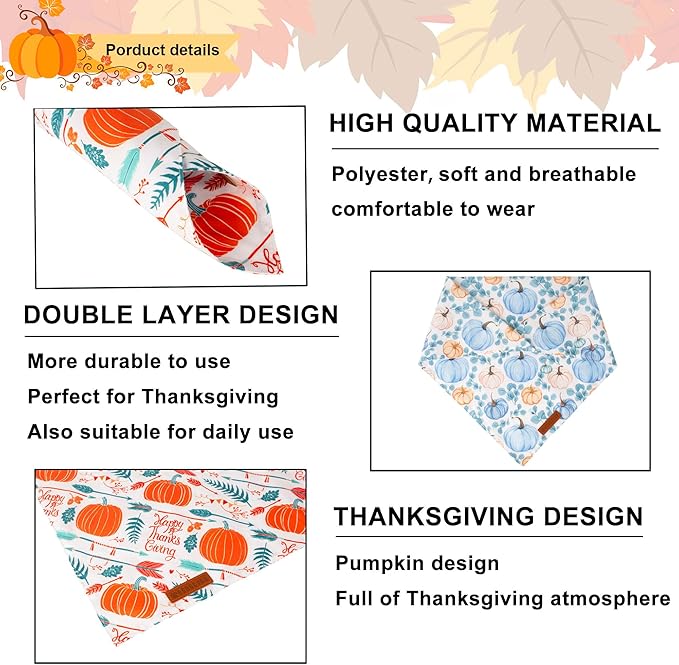 ADOGGYGO Thanksgiving Dog Bandana, Fall Leaves Pumpkin Pet Scarf, Premium Durable Fabric, Adjustable Fit Thanksgiving Bandanas for Medium Large Dogs Pets (Large)