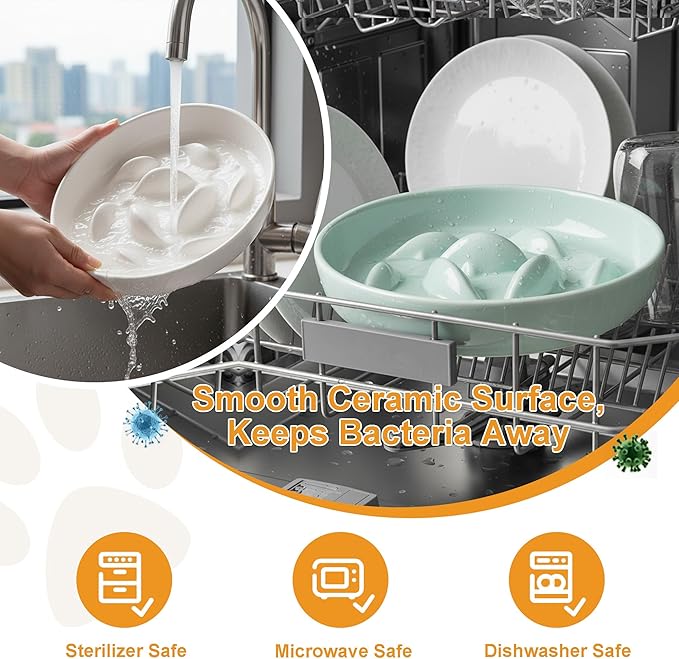 Anti-Bloat Ceramic Slow Feeder Bowl - Fish Pool Design Interactive Puzzle Feeder for Cats & Small Dogs, Food-Safe Porcelain Healthy Eating Dish (White-Ceramic)