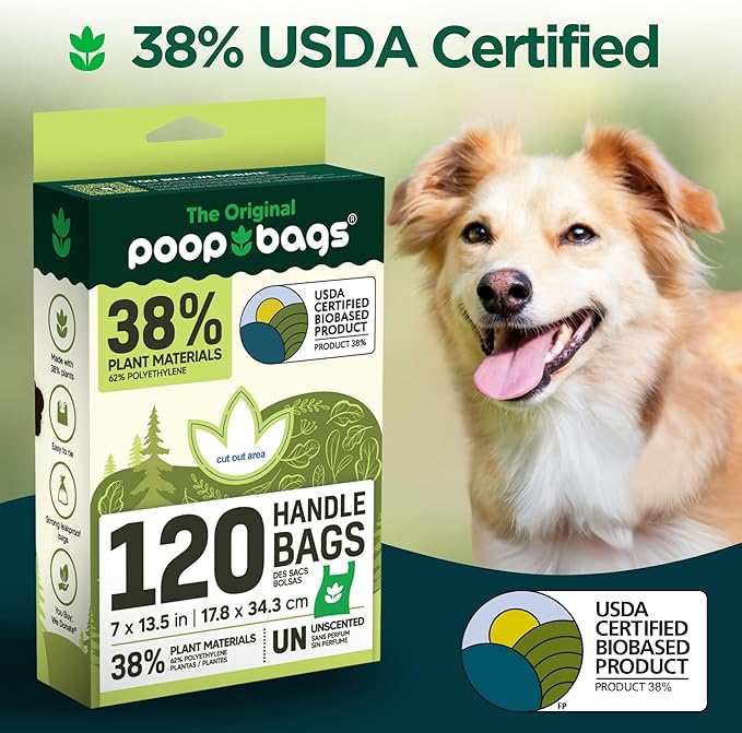 The Original Poop Bags® Dog Poop Bags with Handles, 38% USDA Biobased, Leak-Proof & Easy Tie Waste Bags for Dogs, Unscented, 120 Count