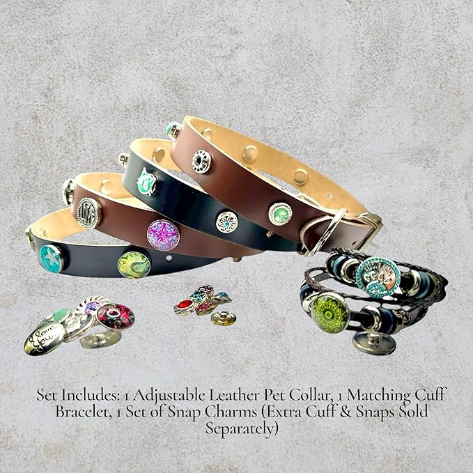 Collar & Cuff Matching Dog Collar and Owner Cuff Set with Snap Charms (L (14.5" - 18.5"), Black (18mm Snaps))