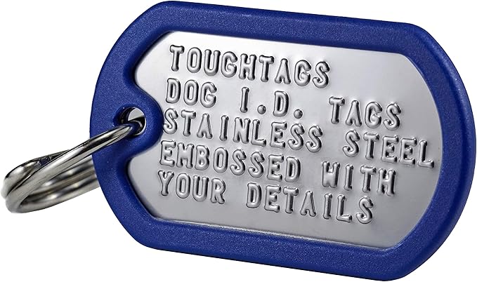 Dog Tags for Dogs, Custom Dog Collar ID Tag Personalized for Pets - Super Tough, Quiet Embossed Military Style Stainless Steel Dog Name tag (Blue)
