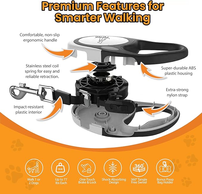 Dual Retractable Dog Leash – 16 FT Tangle-Free Leash for 2 Dogs, Detachable for Single Use, One-Button Brake & Lock, Up to 77 lbs Each, 360° Swivel, Non-Slip Handle + Poop Bag Holder