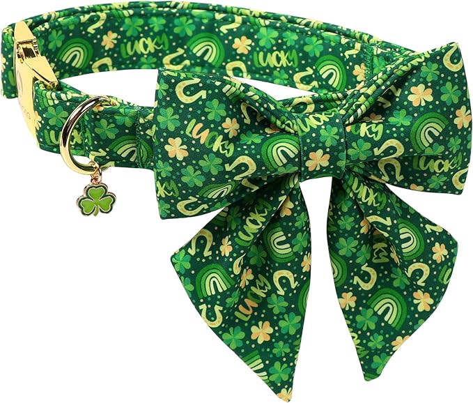 DOGWONG St. Patrick's Day Dog Collar with Sailor Bow Tie- Lucky Shamrock Bowtie Collar for Girl Boy Dog, Trefoil Dogs Collars Durable Adjustable, L