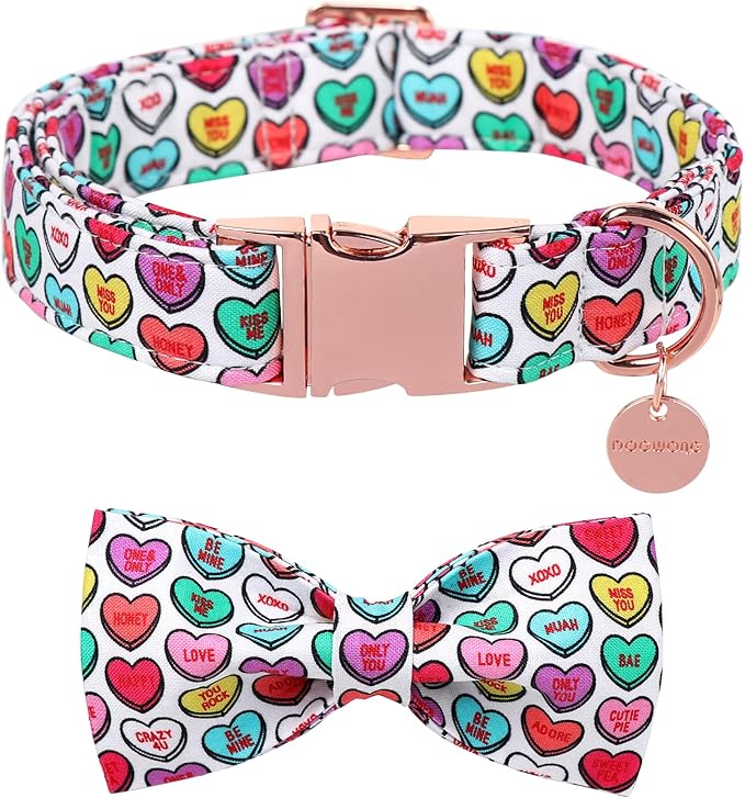 DOGWONG Valentine's Dog Collar with Bow tie, Adjustable Durable Pink Heart Dog Collar Cute Dog Collar for Small Medium Dogs