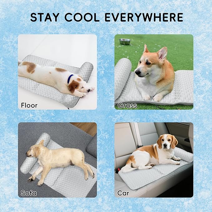 Pet Cooling Mat for Cats and Small Dogs, Self Cooling Fabric with Supportive Pillows, Lightweight, Soft and Comfortable, Leak-Proof, Non Gel, Washable, Cozy Sleeping mat, Indoor/Outdoor