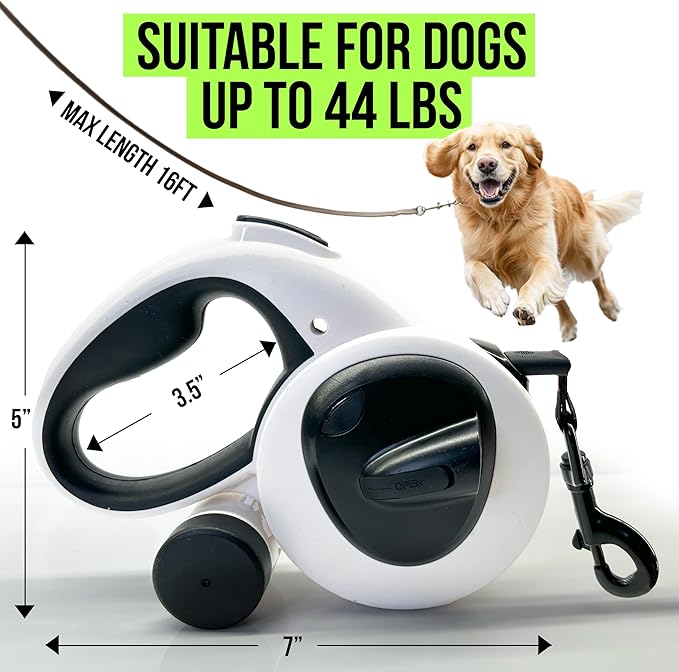 AVANTO Retractable Dog Leash with Flashlight, 16ft Heavy Duty LED Night Safety Leash for Dogs up to 110lbs – 360° Tangle-Free, USB Rechargeable Light, Waste Bag Dispenser, One-Hand Brake & Lock