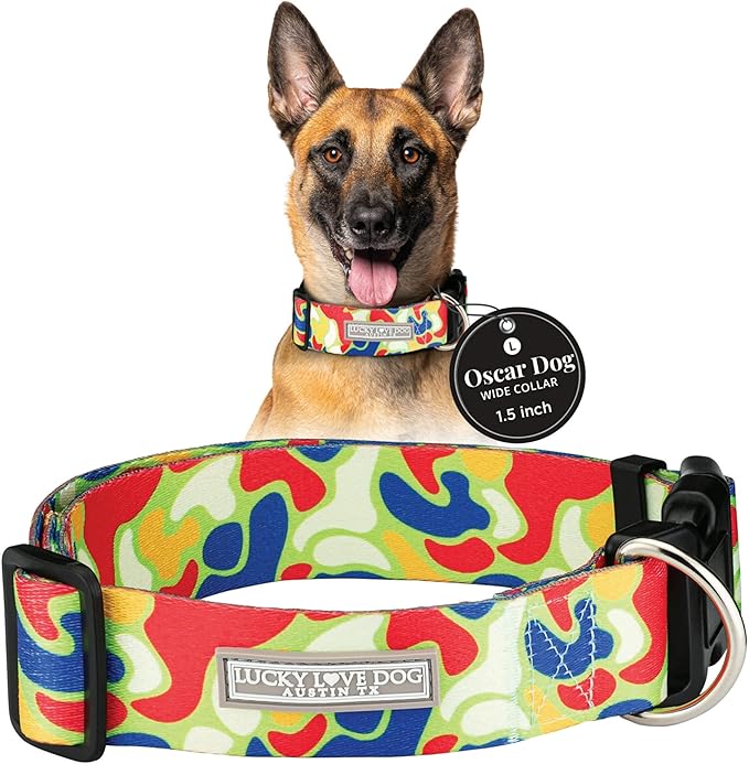 Lucky Love Dog Wide Dog Collar - Adjustable, Durable, Soft Webbing, & Comfortable 1.5 inch Wide Collar for Dogs Male and Female with Strong Buckle - Oscar, Large