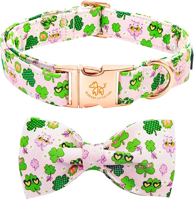 Elegant little tail St Patrick's Dog Collar, Cute Colver Cotton Shamrock Pet Collar Trefoil Soft Puppy Collar Pink Holiday Adjustable Cotton Pet Collar with Bow for Small Medium Large Dogs