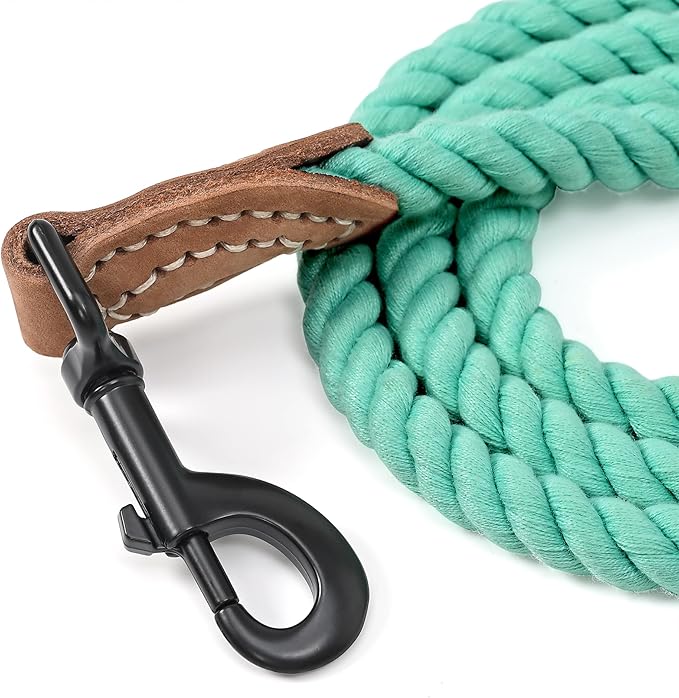 Mile High Life Dog Leash, Braided Cotton Rope Leashes with Leather Tailor Tip with Leather Tip - Heavy Duty Metal Clasp, 4FT, 1/2" Thick - Wedding, Walking Leash for Medium Large Dogs(Green)