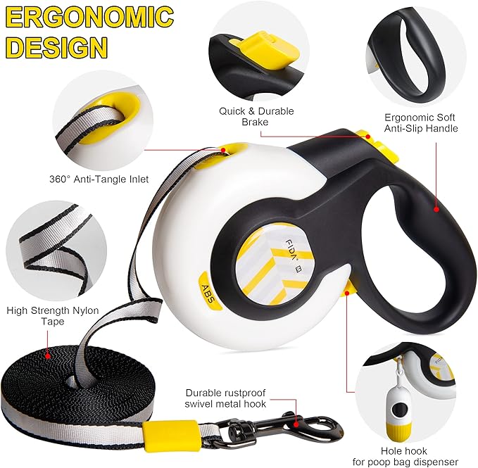 FIDA AutoBrake Retractable Dog Leash. Advanced Patented Design for Dog Pulling, 16 ft Heavy Duty No Pull Pet Walking Leash for Medium Breeds. Tangle Free, Soft Grip, Medium Size.