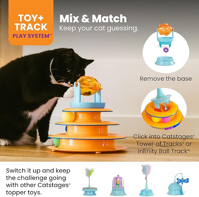Catstages 2-in-1 Spinning Fish Treat Dispenser Cat Toy, Interactive Puzzle Feeder & Cat Ball Track Add-On, Blue