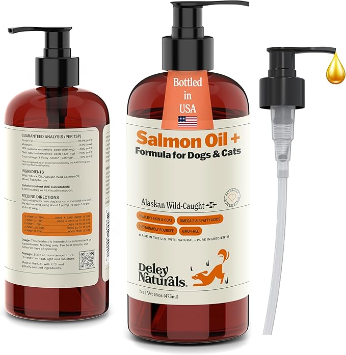 Deley Naturals Wild Alaskan Salmon Oil for Dogs & Cats - New and Improved Salmon Oil Plus Formula - Fish Oil for Dogs with Omega 3, DHA and EPA - Omega 3 for Healthy Skin and Coat - 16oz Made in USA